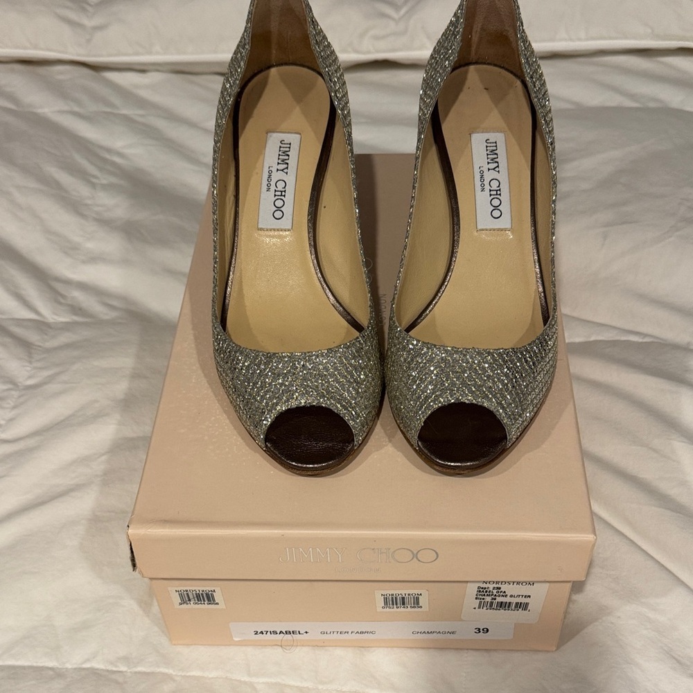 Jimmy Choo Gold Glitter Peep-Toe Heels